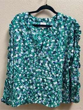 Misa LA Long Sleeve Peasant Top Blouse Blue Green Floral Ruffle Sleeve Size L